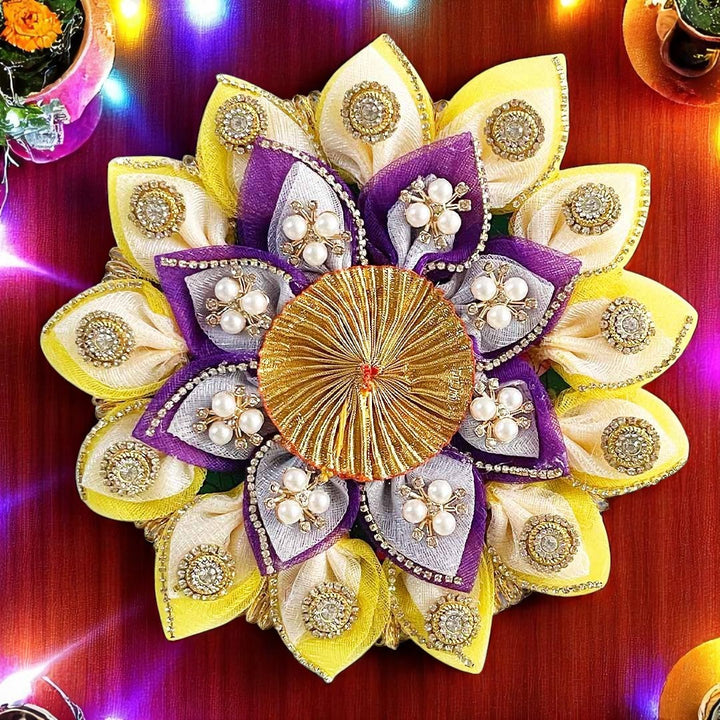 Two Layered Decorative Fabric Rangoli Tea-light Holder Pair For Diwali, Home Decoration & Festive