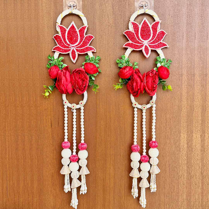 Red Pichwai Lotus with Flower Bunch Hanging – Set of 2 | Traditional Wall Décor for Home