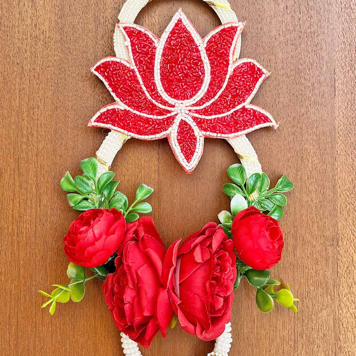 Red Pichwai Lotus with Flower Bunch Hanging – Set of 2 | Traditional Wall Décor for Home