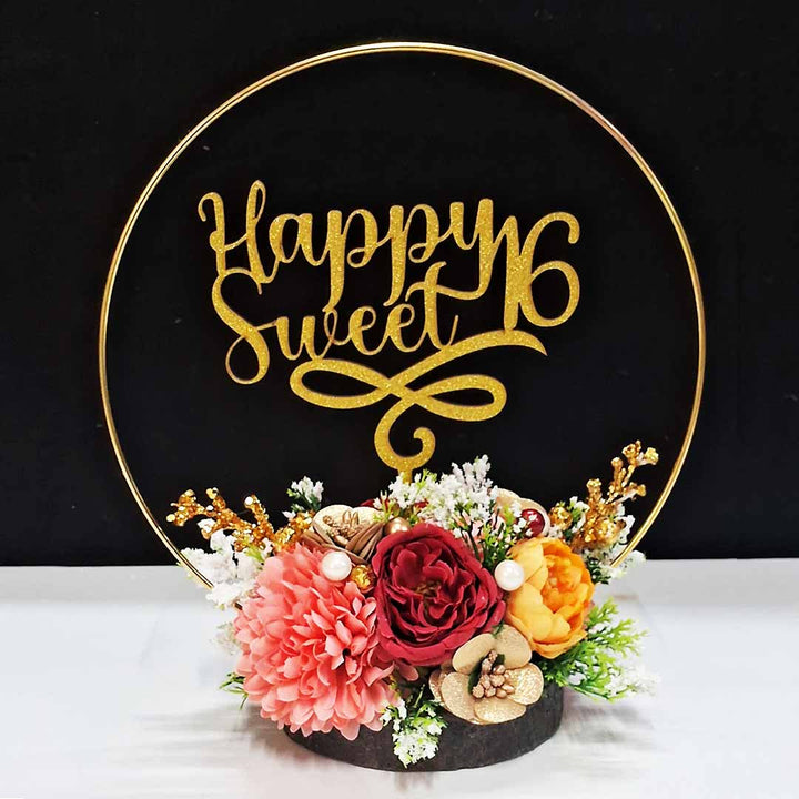 Flower Bunch Table Top with Wooden Base For Gifting, Wedding, B'day, Festive Decoration