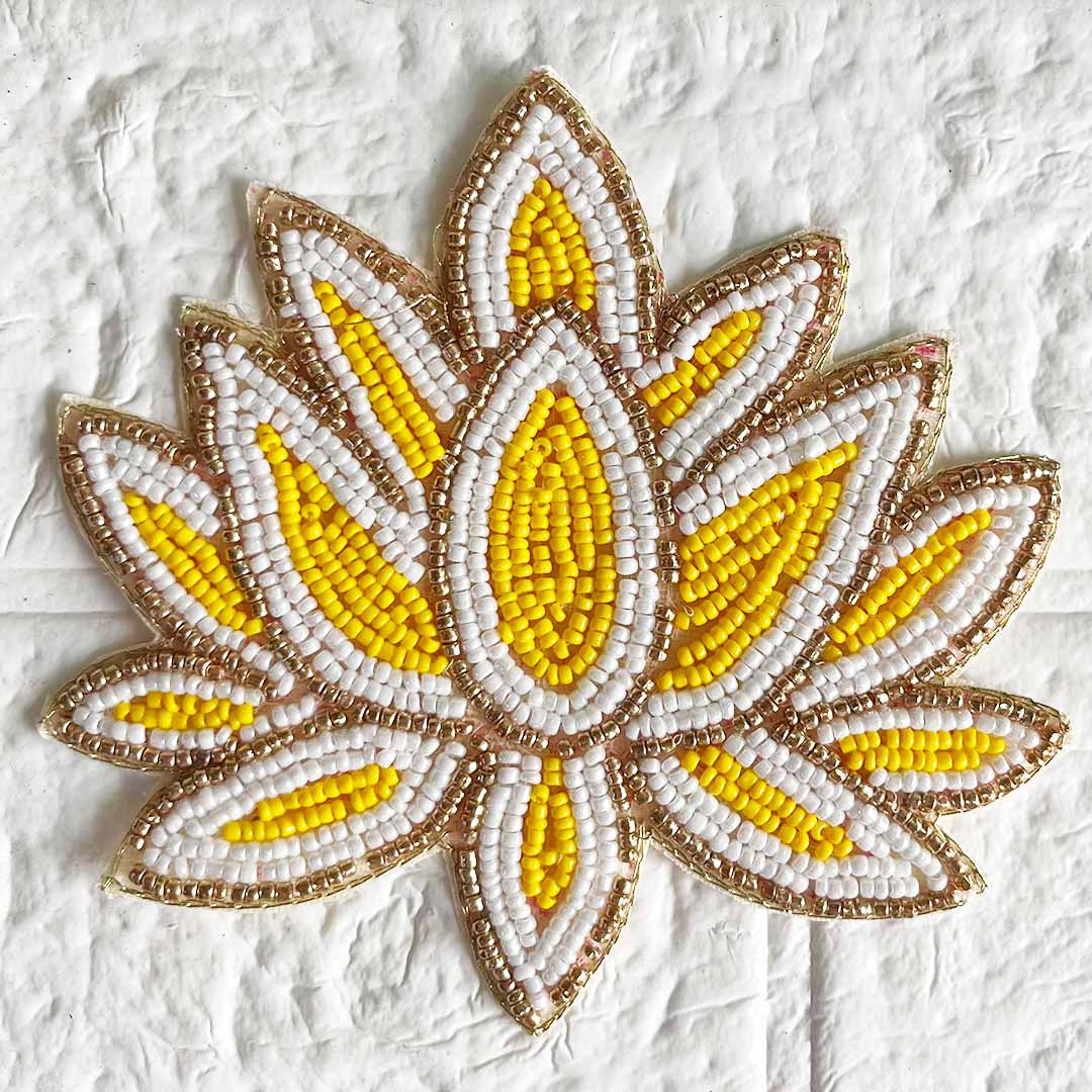 Embroidered Yellow & White Beads lotus Patch pack of 4 for toran tea light decoration & Festive DIY Craft