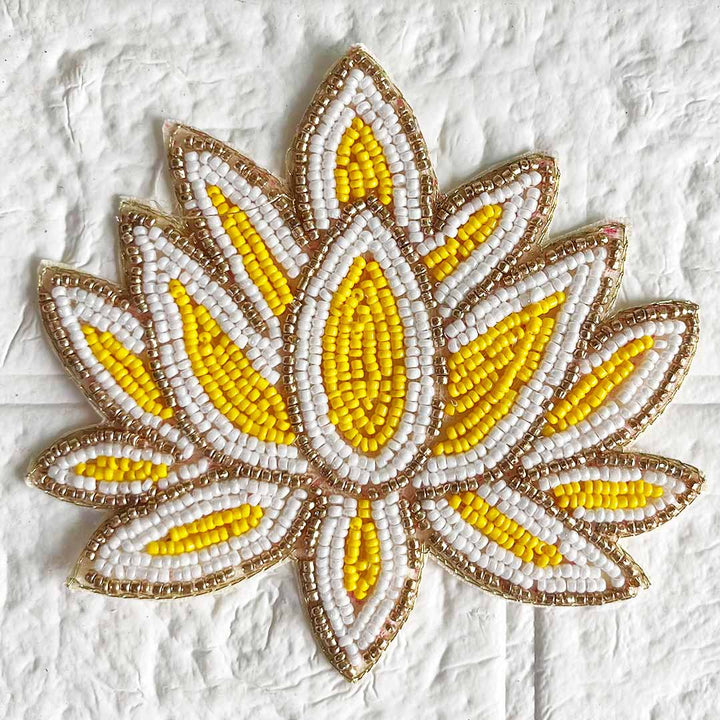 Embroidered Yellow & White Beads lotus Patch pack of 4 for toran tea light decoration & Festive DIY Craft