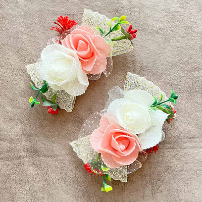 Bow Style Pink & Cream Color Artificial Rose Flower Bunch Set of 2