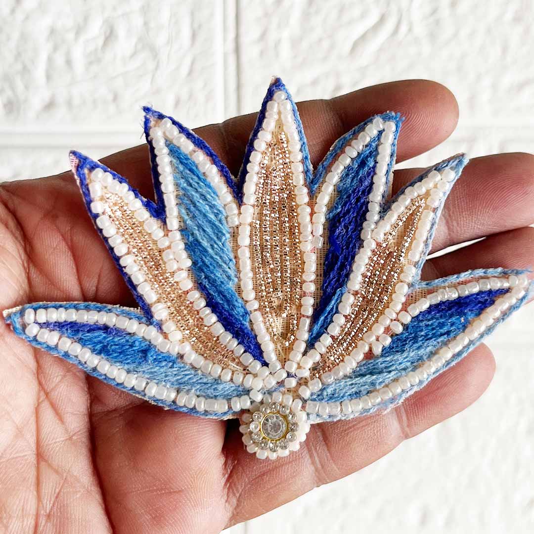 Blue Color Woolen Nakshi Lotus embroidery Patch Pack of 4 for Diwali Festive DIY Art & Craft Work