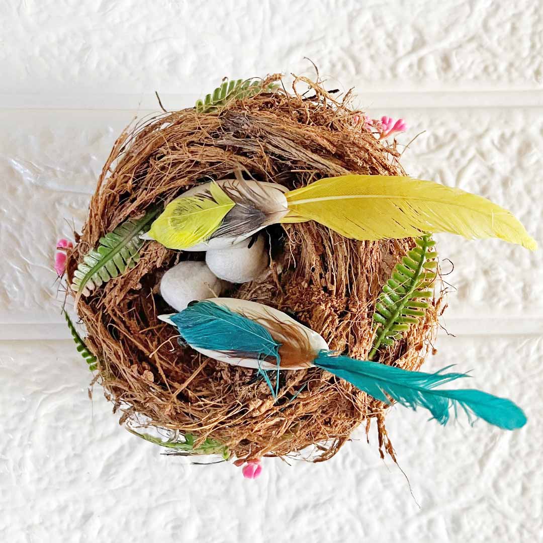 Handmade Coconut Shell Bird Nest with 2 Birds & 2 Eggs – Rustic Hanging for Home Decoration