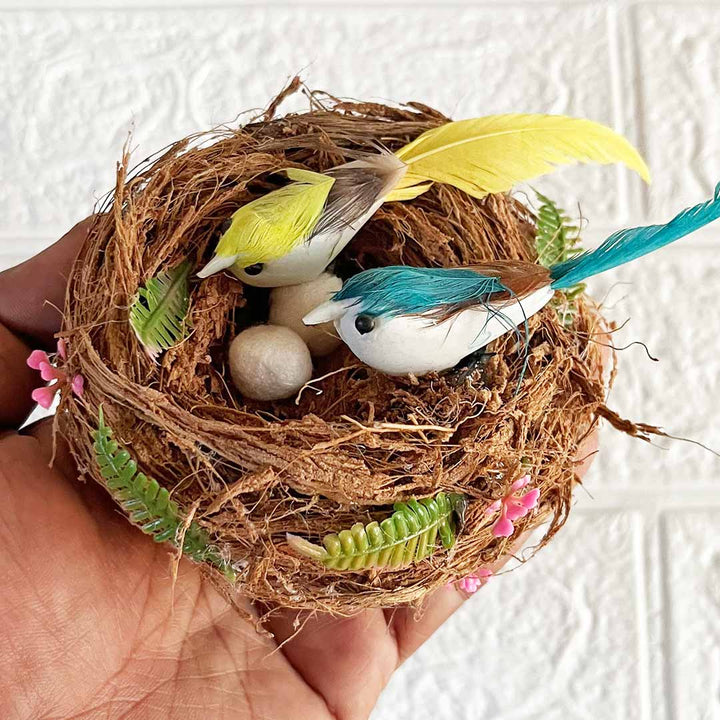 Handmade Coconut Shell Bird Nest with 2 Birds & 2 Eggs – Rustic Hanging for Home Decoration