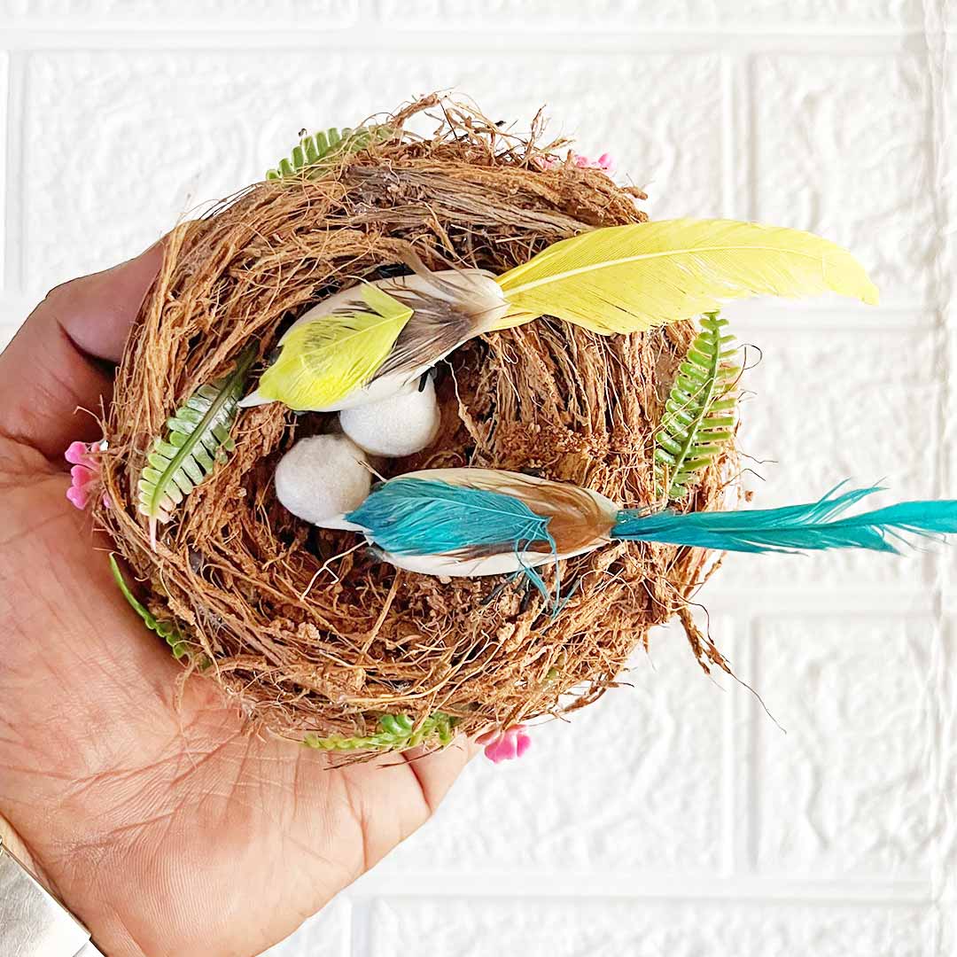 Handmade Coconut Shell Bird Nest with 2 Birds & 2 Eggs – Rustic Hanging for Home Decoration