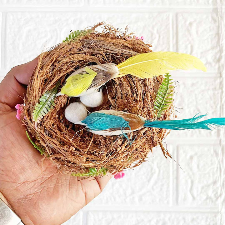 Handmade Coconut Shell Bird Nest with 2 Birds & 2 Eggs – Rustic Hanging for Home Decoration