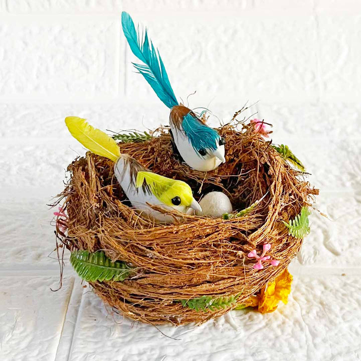 Handmade Coconut Shell Bird Nest with 2 Birds & 2 Eggs – Rustic Hanging for Home Decoration