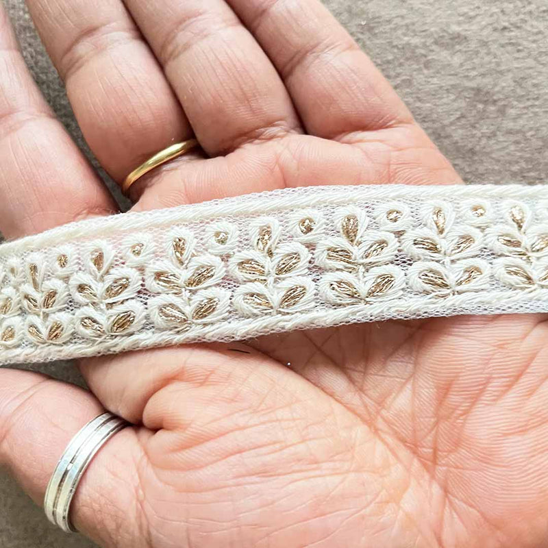 Dyeable Cream Color Thread Work With Golden Zari Lace - ( 9mtr )