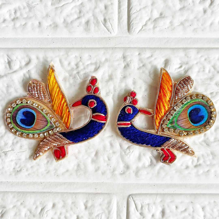 Handcrafted Wooden with Nakshi embroidery Small Peacock Patch Pack of 4 for Home Decoration & Diwali Festive DIY Art & Craft Work