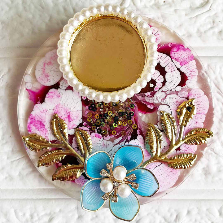 Pink Floral resin Rangoli Tea-light Holder For Diwali, Home Decoration & Festive