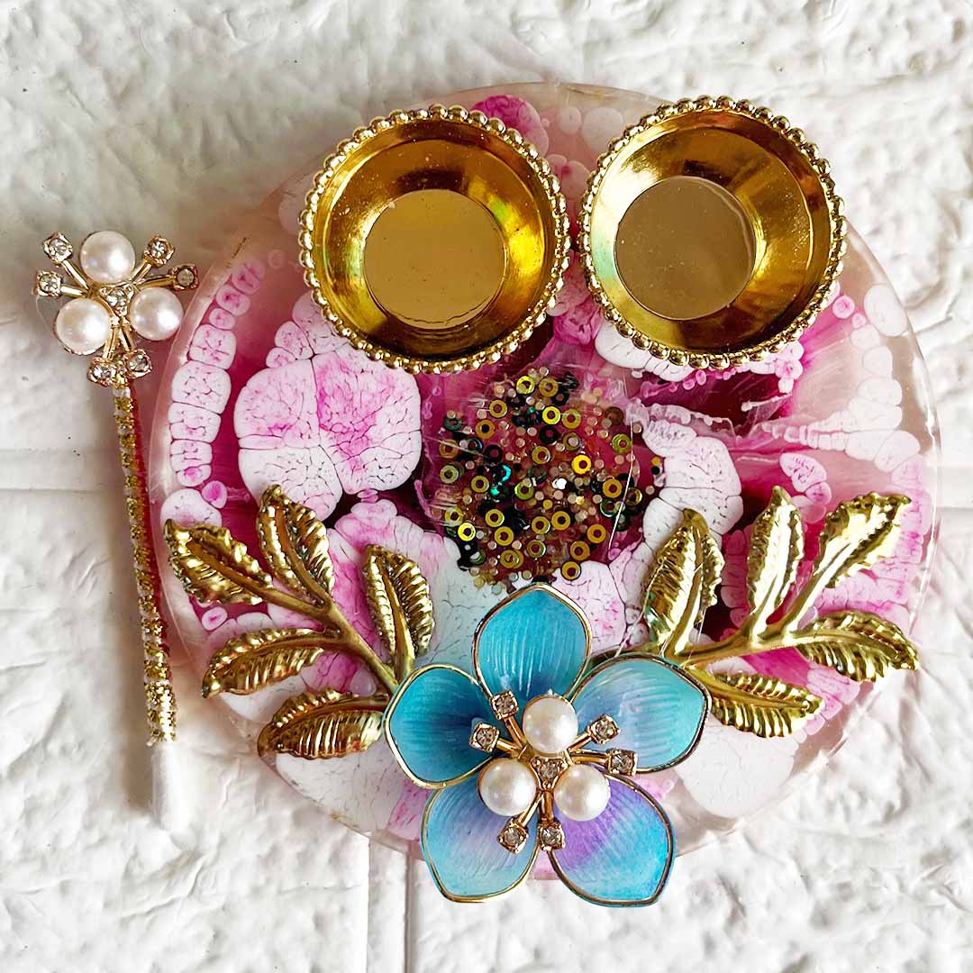 Pink floral Resin Tilak Platter for Roli & Chawal | Wedding & Pooja Rituals