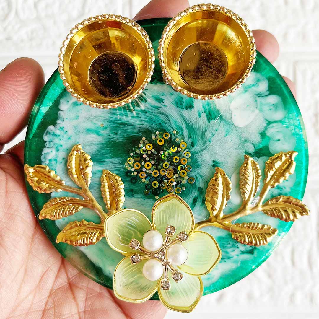 Green floral Resin Tilak Platter for Roli & Chawal | Wedding & Pooja Rituals