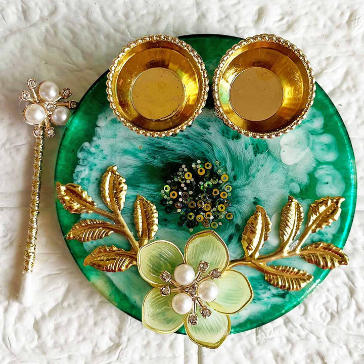 Green floral Resin Tilak Platter for Roli & Chawal | Wedding & Pooja Rituals