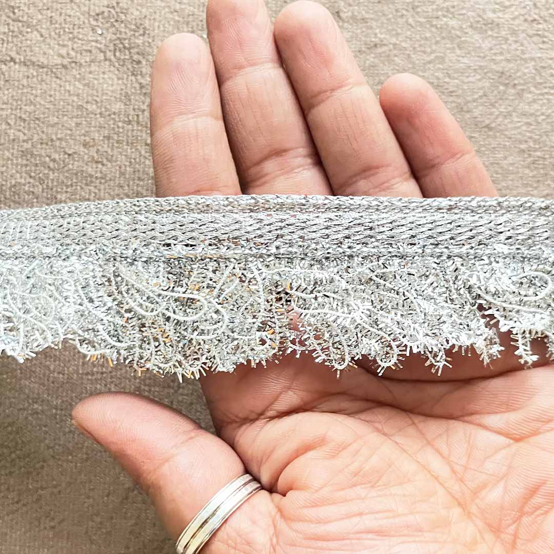 Silver Frilled Lace - 9mtr Fringes Dupatta Jhalar Lace, Crush Frilled Lace for Dupattas, Bridal Lehenga, Fancy Border Lace