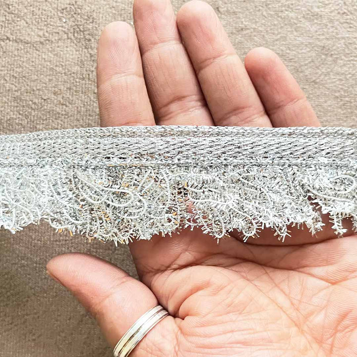 Silver Frilled Lace - 9mtr Fringes Dupatta Jhalar Lace, Crush Frilled Lace for Dupattas, Bridal Lehenga, Fancy Border Lace