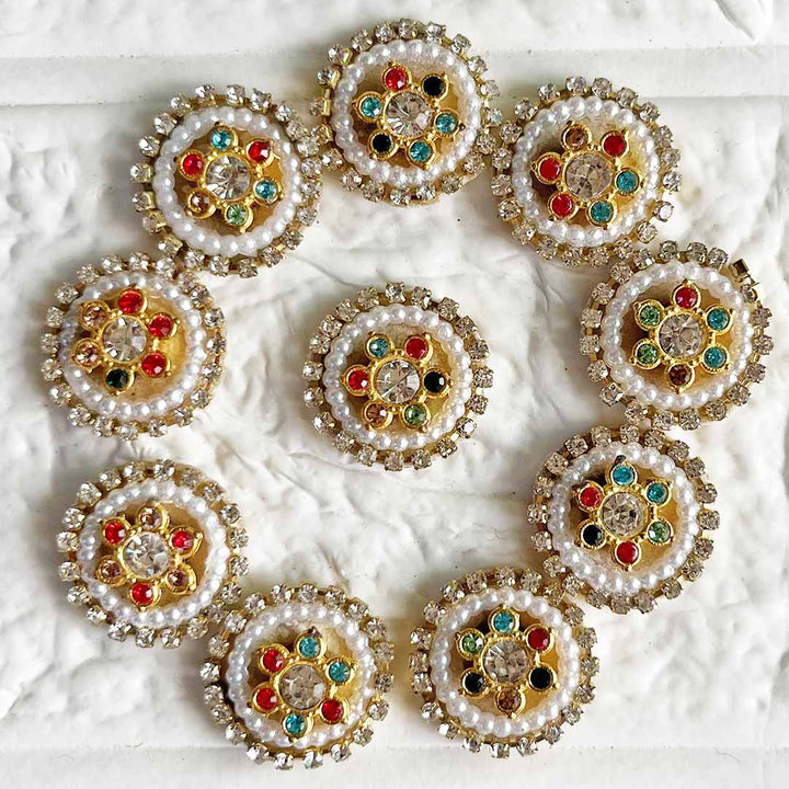 Rhinestones & Pearl round Patch Pack Of 10 For Laddu Gopal Dress Decorations, Gifts, DIY Art & Crafts