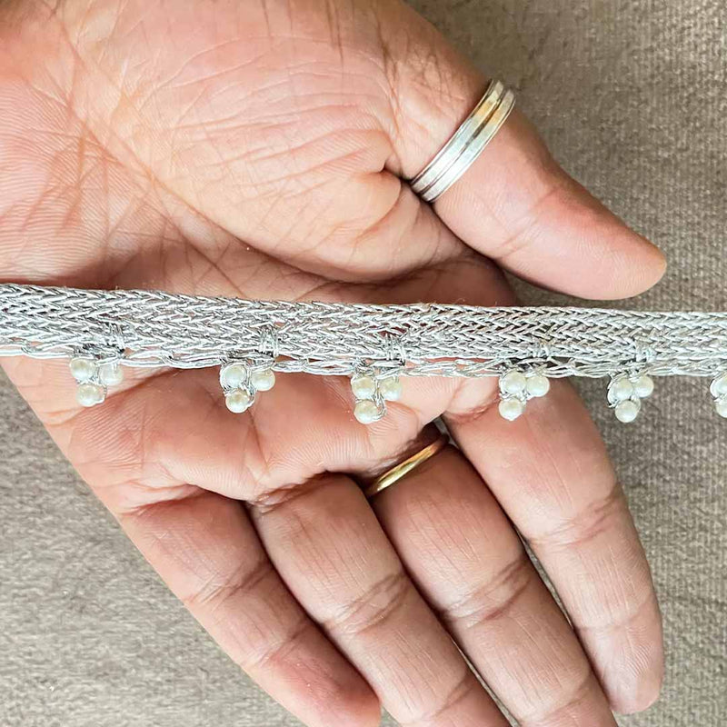 Crochet Weaving Silver Zari With White Beads Lace - 9mtr