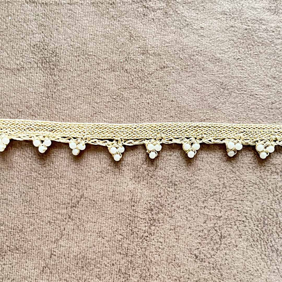 Crochet Weaving Golden Zari With White Beads Lace - 9mtr