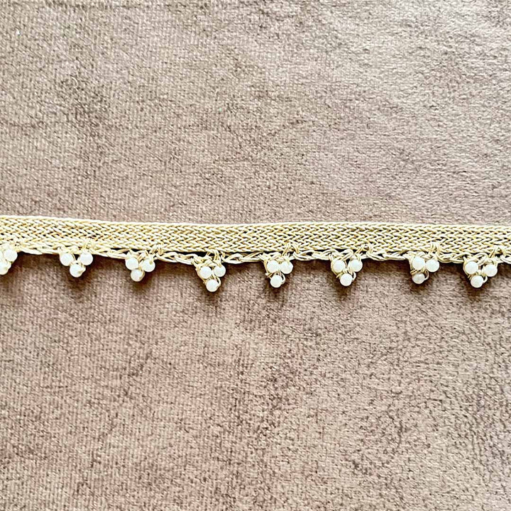 Crochet Weaving Golden Zari With White Beads Lace - 9mtr