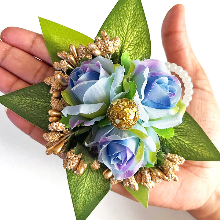 3 Rose Flower Green Leaf Bunch Pack Of 4 for Trousseau Gift & Hamper Packaging, Wedding & Festive Decoration