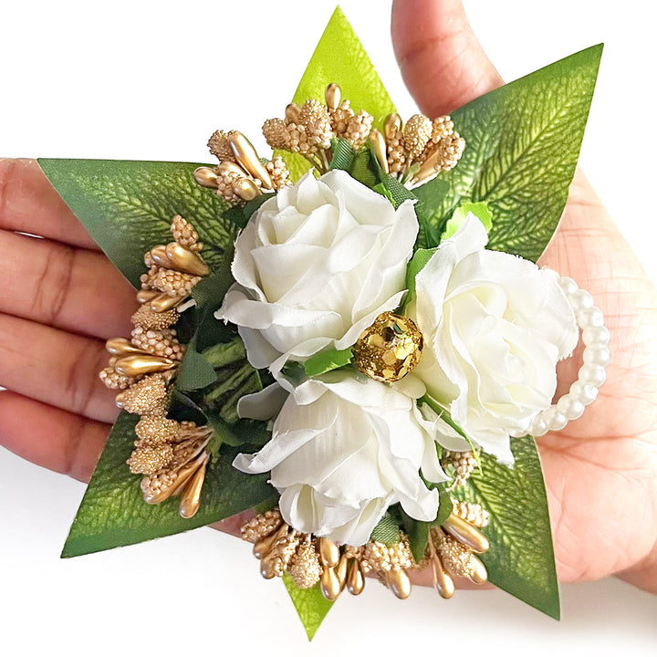 3 Rose Flower Green Leaf Bunch Pack Of 4 for Trousseau Gift & Hamper Packaging, Wedding & Festive Decoration