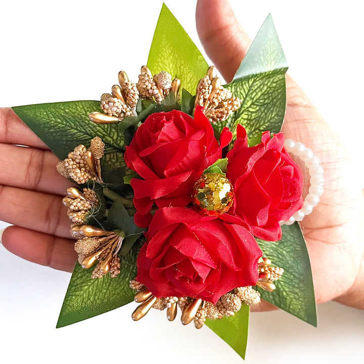 3 Rose Flower Green Leaf Bunch Pack Of 4 for Trousseau Gift & Hamper Packaging, Wedding & Festive Decoration