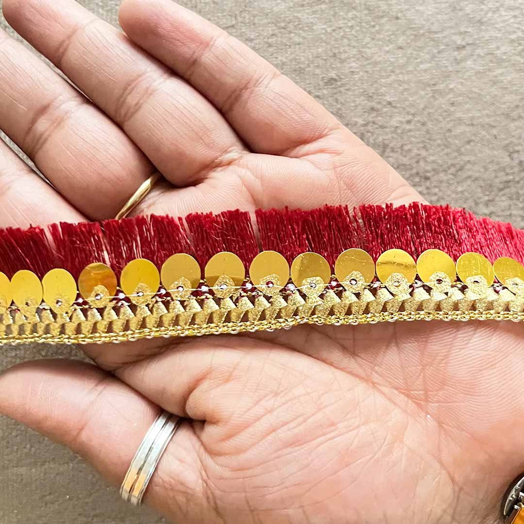 Maroon Silk Thread Tassel Fringe Sequenced Lace & Border - ( 9mtr )