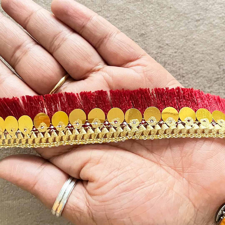 Maroon Silk Thread Tassel Fringe Sequenced Lace & Border - ( 9mtr )