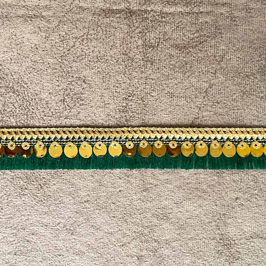 Green Silk Thread Tassel Fringe Sequenced Lace & Border - ( 9mtr )
