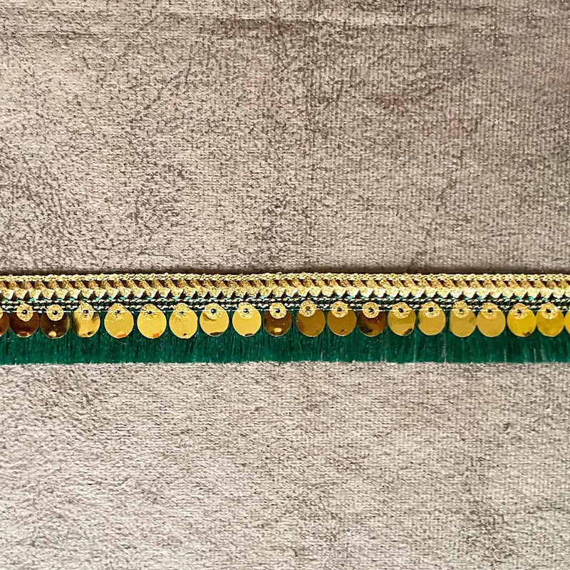 Green Silk Thread Tassel Fringe Sequenced Lace & Border - ( 9mtr )