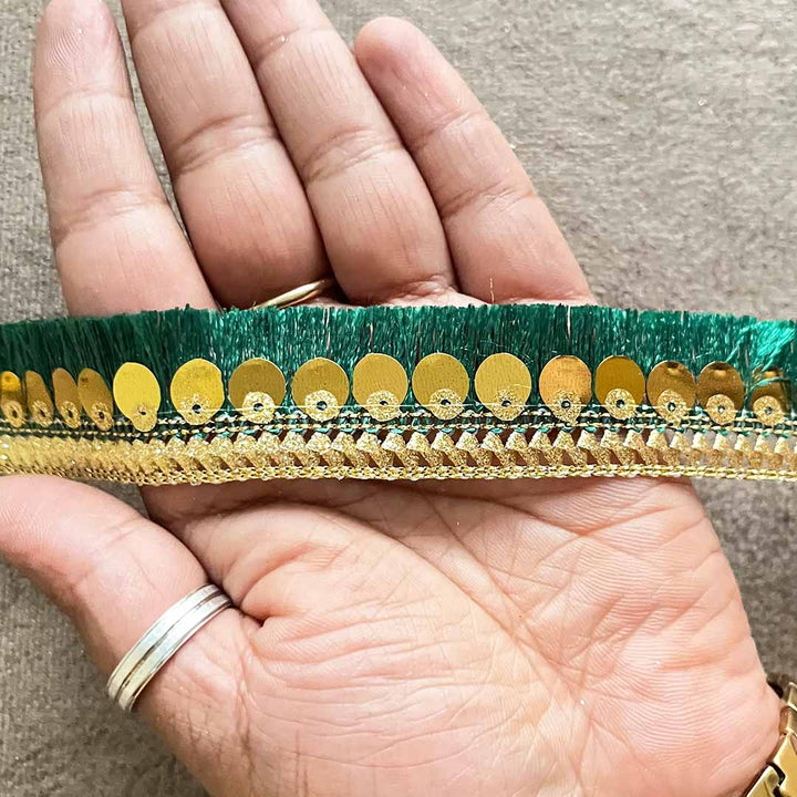 Green Silk Thread Tassel Fringe Sequenced Lace & Border - ( 9mtr )