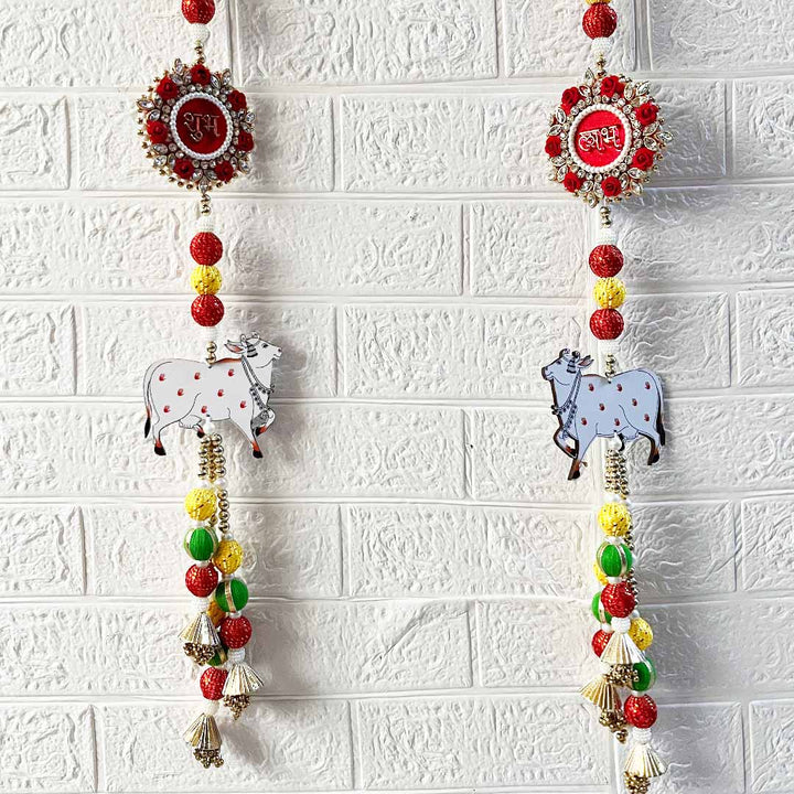 Pichwai Cow With Shrinath ji shubh labh Hanging – Pack Of Pair | Traditional Wall Décor for Home entrance