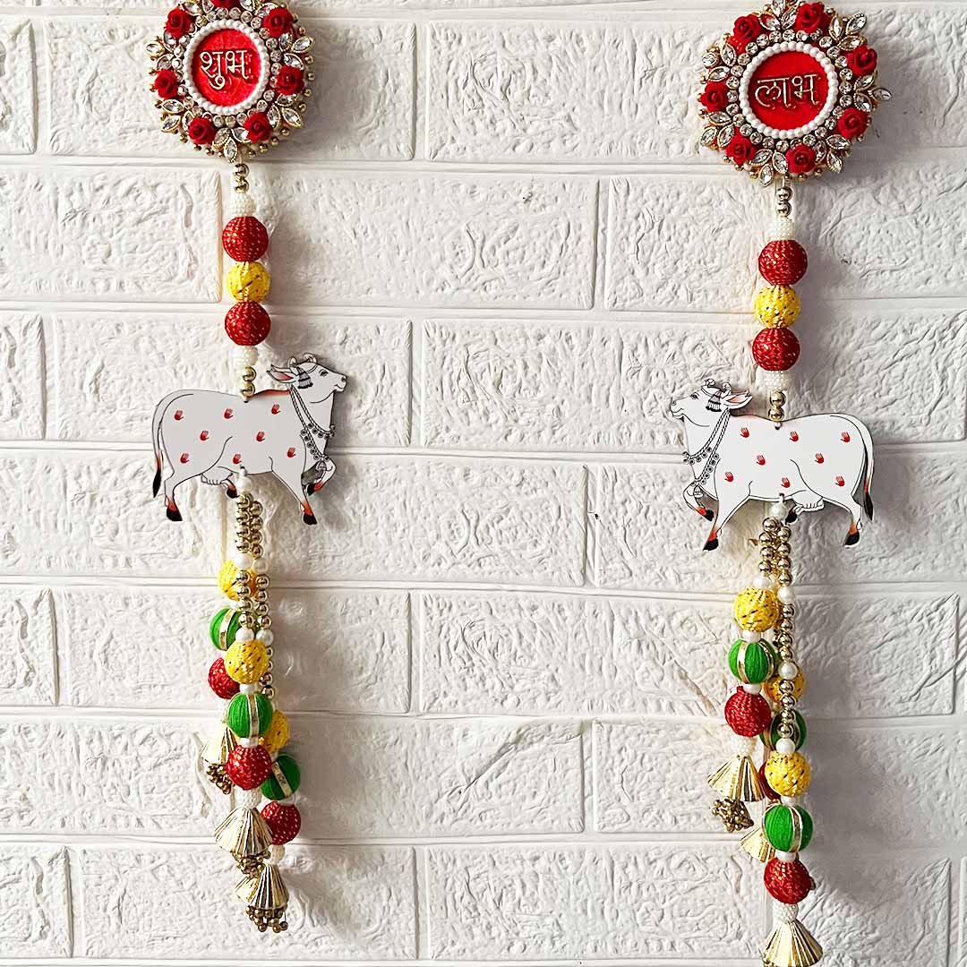 Pichwai Cow With Shrinath ji shubh labh Hanging – Pack Of Pair | Traditional Wall Décor for Home entrance