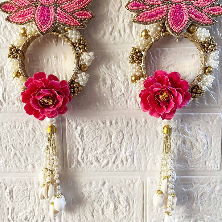 Rani Color Beads Lotus with Flower Bunch shubh labh Hanging – Pack Of Pair | Traditional Wall Décor for Home entrance