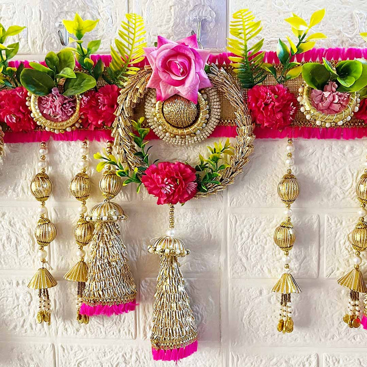 Pink Cone Floral Toran with Side Hanging for Home & Office Entrance | Mandir Decoration | Decorative Door Hanging Bandanwar