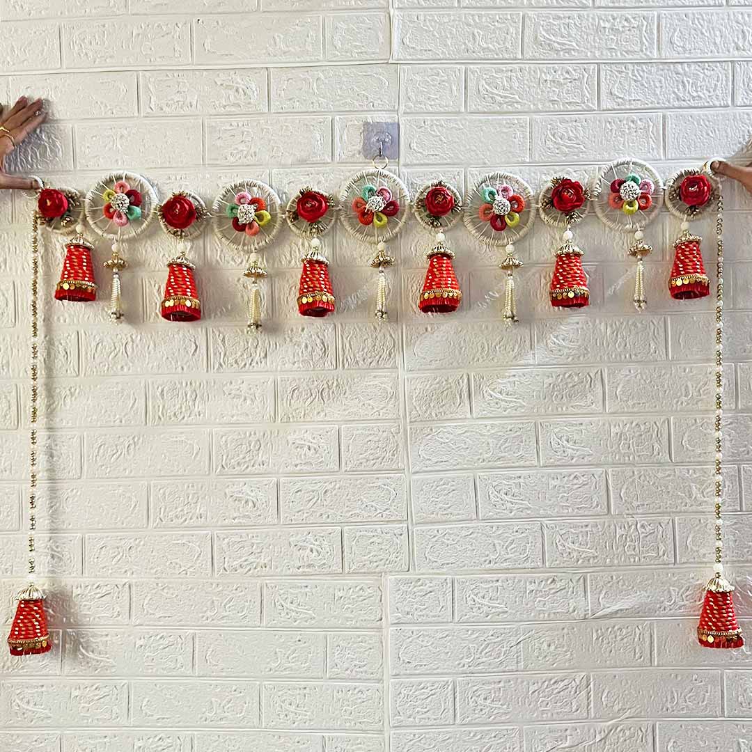 Red Cone Floral Toran with Side Hanging for Home & Office Entrance | Mandir Decoration | Decorative Door Hanging Bandanwar