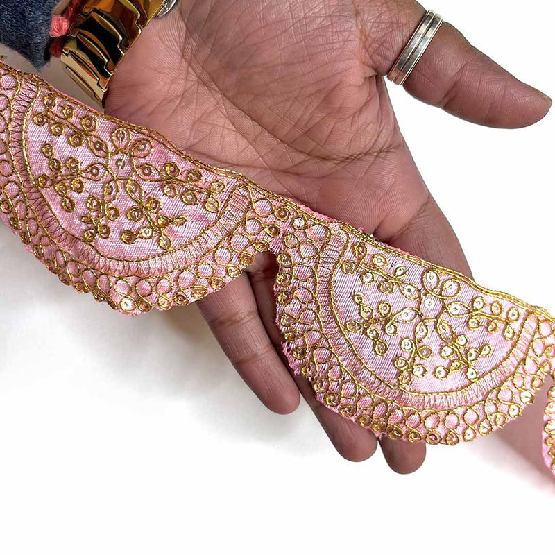 Baby Pink Color With Zari Work Semi Circle Lace & Border ( 9mtr )