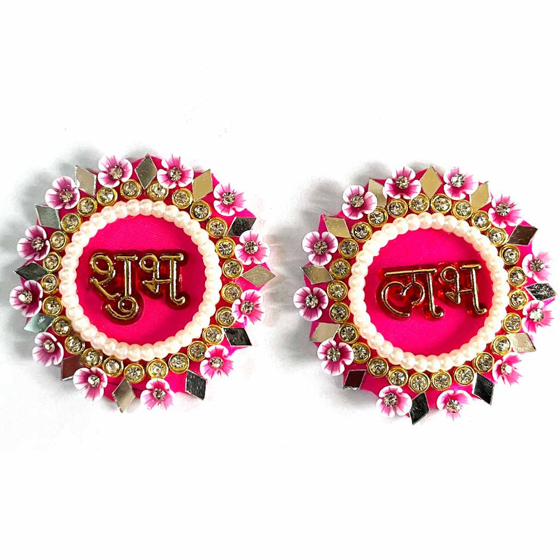 Rani Pink Color Shubh Labh Mirror, Beads & Rhinestones Work Booti Pack Of 4(2 Pair) For bandhanbar Decorations & DIY Craft