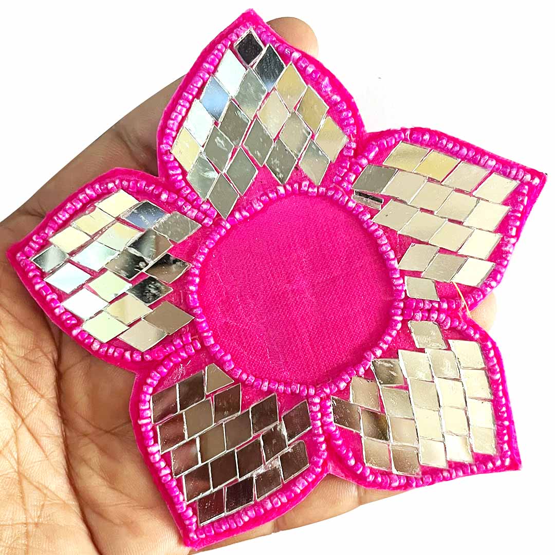 Rani Pink Color Beads & Mirror flower design booti pack of 4 for toran tea light decoration & Festive DIY Craft