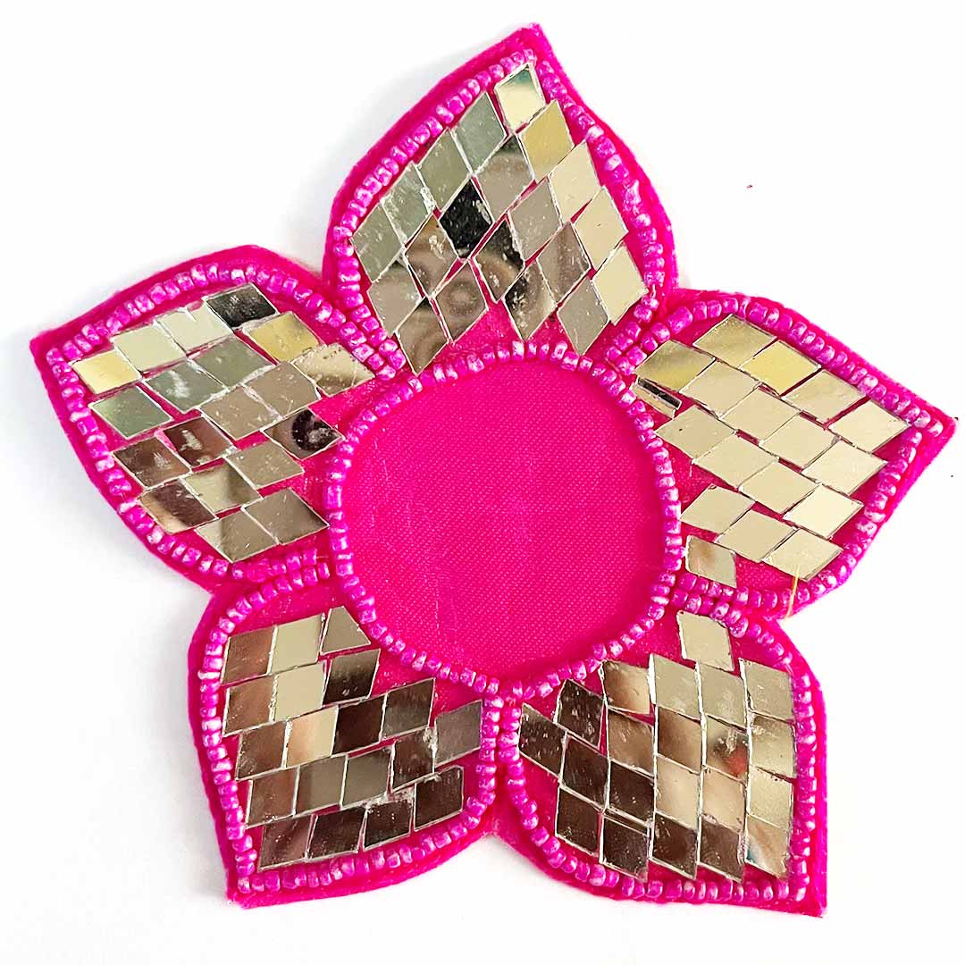 Rani Pink Color Beads & Mirror flower design booti pack of 4 for toran tea light decoration & Festive DIY Craft