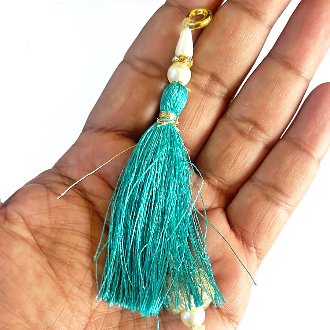 Rama Green Color Thread Cutdana Tassels With Beads Set Of 2 – Adikala ...