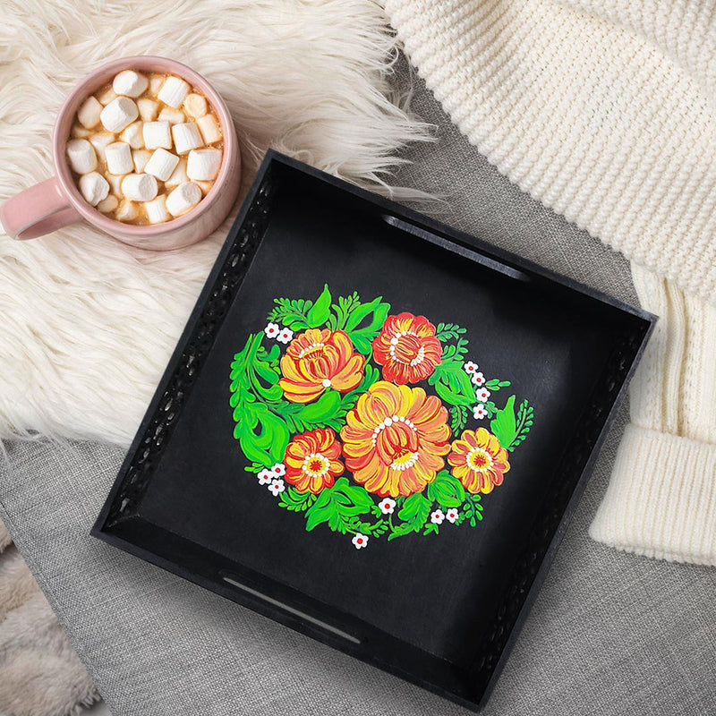Hand Painted Floral & Two Side Cutting Designed Black Square Tray