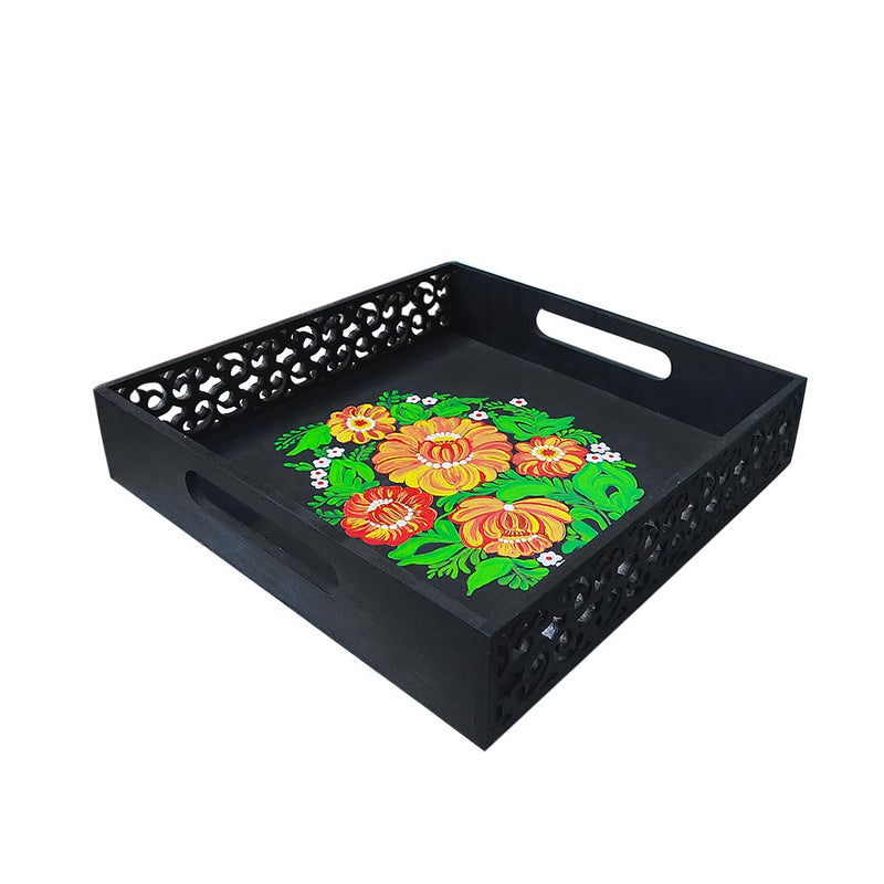 Hand Painted Floral & Two Side Cutting Designed Black Square Tray