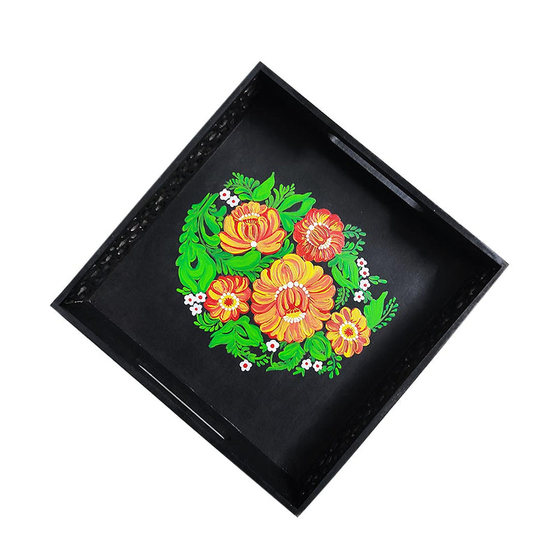 Hand Painted Floral & Two Side Cutting Designed Black Square Tray