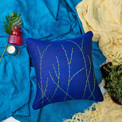 Blue Hand Embroidered Chanderi Model Cushion Cover |  Blue Hand Embroidered Chanderi Model | Blue color | Hand Made Cover | Cover | Cushion  | cyushion cover | chanderi Model |  Art | Art craft  | craft | craft store online | Adikala Craft Store | Bed room | Guest room | Adikala