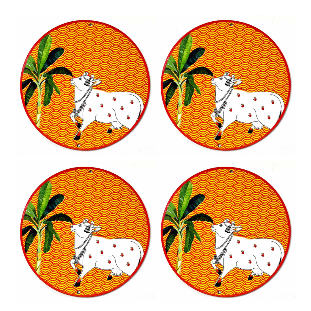 Orange Pichwai | Pichwai Cow | Banana Tree Mdf 6INCH | Cow | MDf Banana Tree With Cow | Art Craft | Decoration Craft | indian Home | Decoration | Project Making | Cutouts | Pichwai | Adikala | Adikala Craft Store