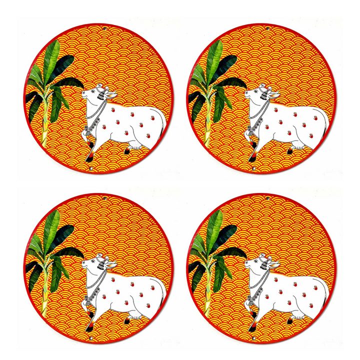 Orange Pichwai | Pichwai Cow | Banana Tree Mdf 6INCH | Cow | MDf Banana Tree With Cow | Art Craft | Decoration Craft | indian Home | Decoration | Project Making | Cutouts | Pichwai | Adikala | Adikala Craft Store