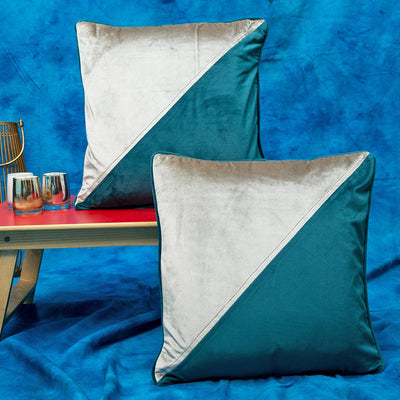 Teal Blue & Off White Half Triangle Design Velvet Cushion Cover
